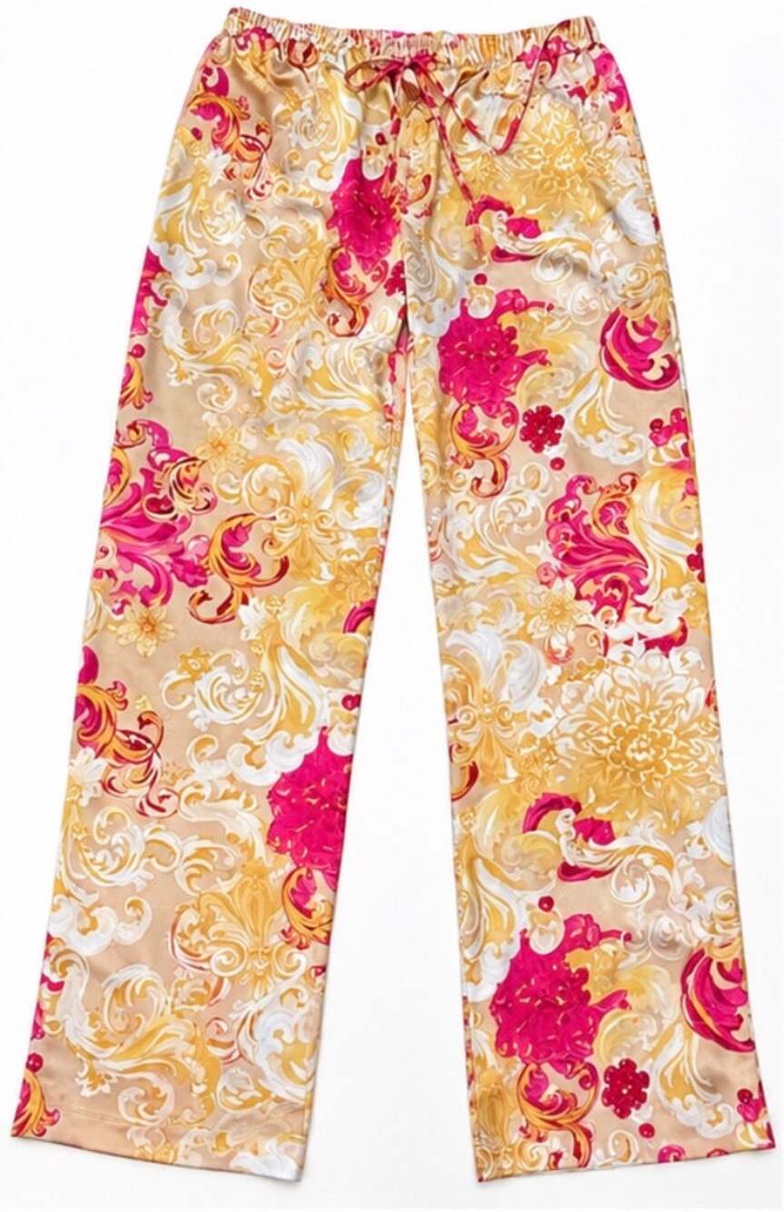 Soma Sensual Satin Lounge Pants, Pink Gold Baroque Floral Pajama Bottoms, Large